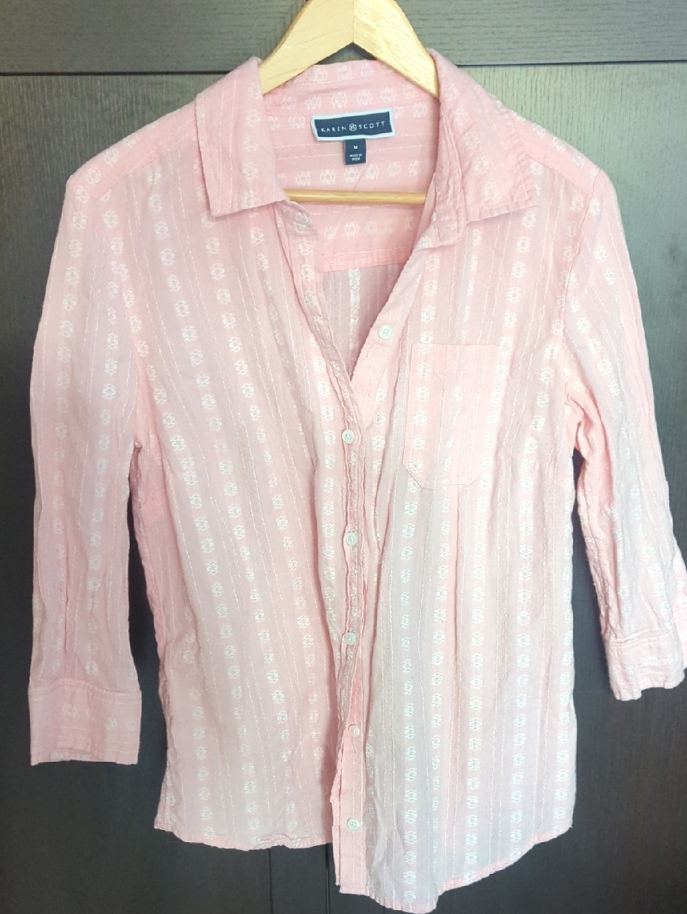 Karen Scott Pink Button-Up 100% Cotton Light Shirt Good Condition